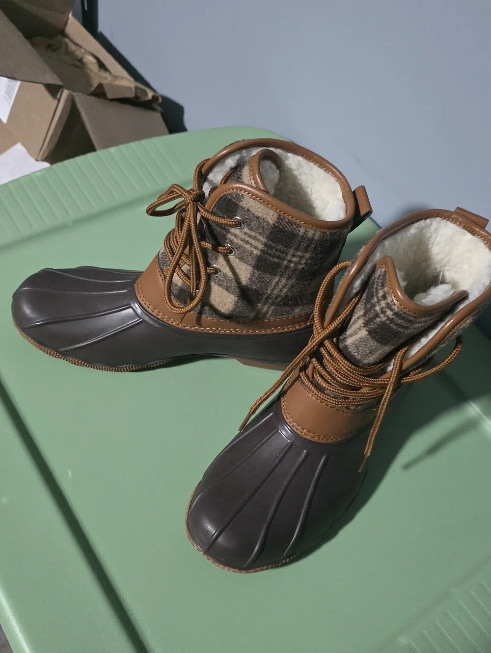 fabkids Brown Plaid Duck Boots with Faux-Sherpa Lining